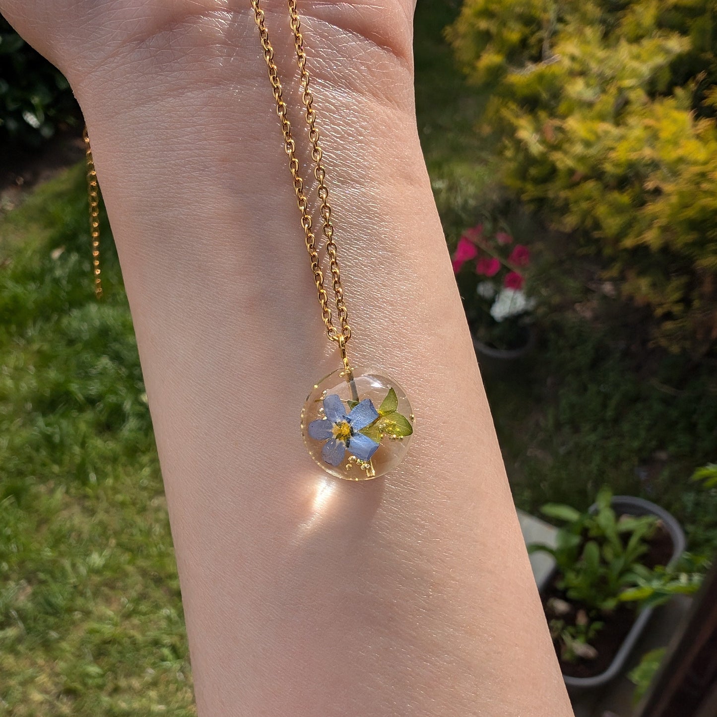 Forget-me-not & Leaf Gold Plated Delicate Clear Sphere Real Flower Charm Necklace