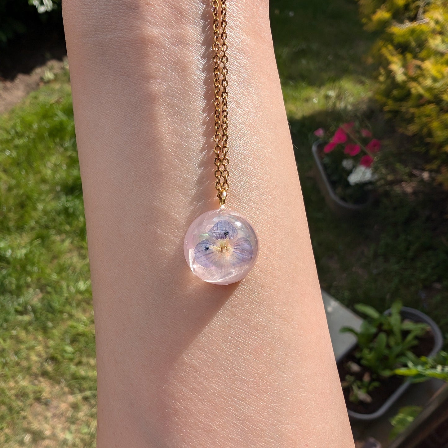 Birdeye Speedwell Real Flower & Seashell Flake Gold Plated Delicate Sphere Charm Necklace - Pink Background