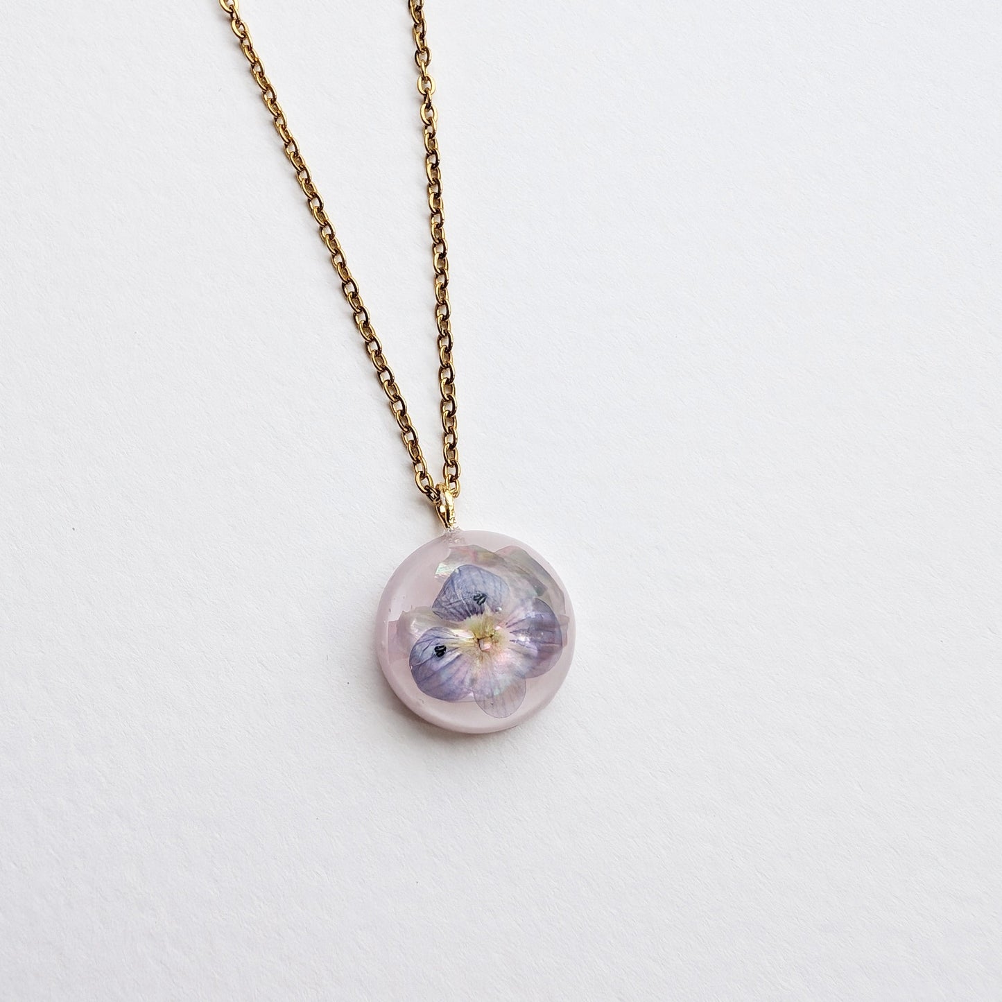 Birdeye Speedwell Real Flower & Seashell Flake Gold Plated Delicate Sphere Charm Necklace - Pink Background