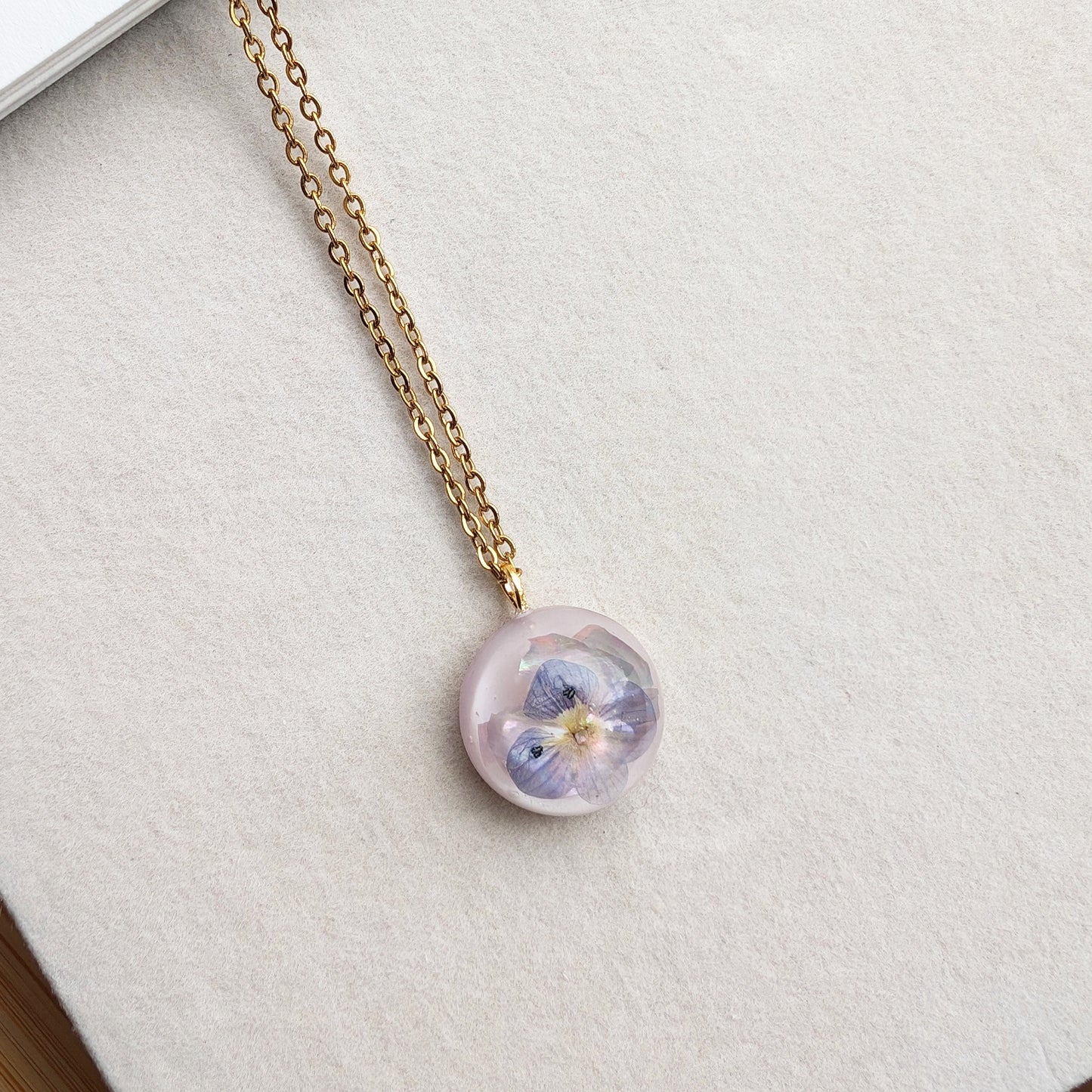 Birdeye Speedwell Real Flower & Seashell Flake Gold Plated Delicate Sphere Charm Necklace - Pink Background