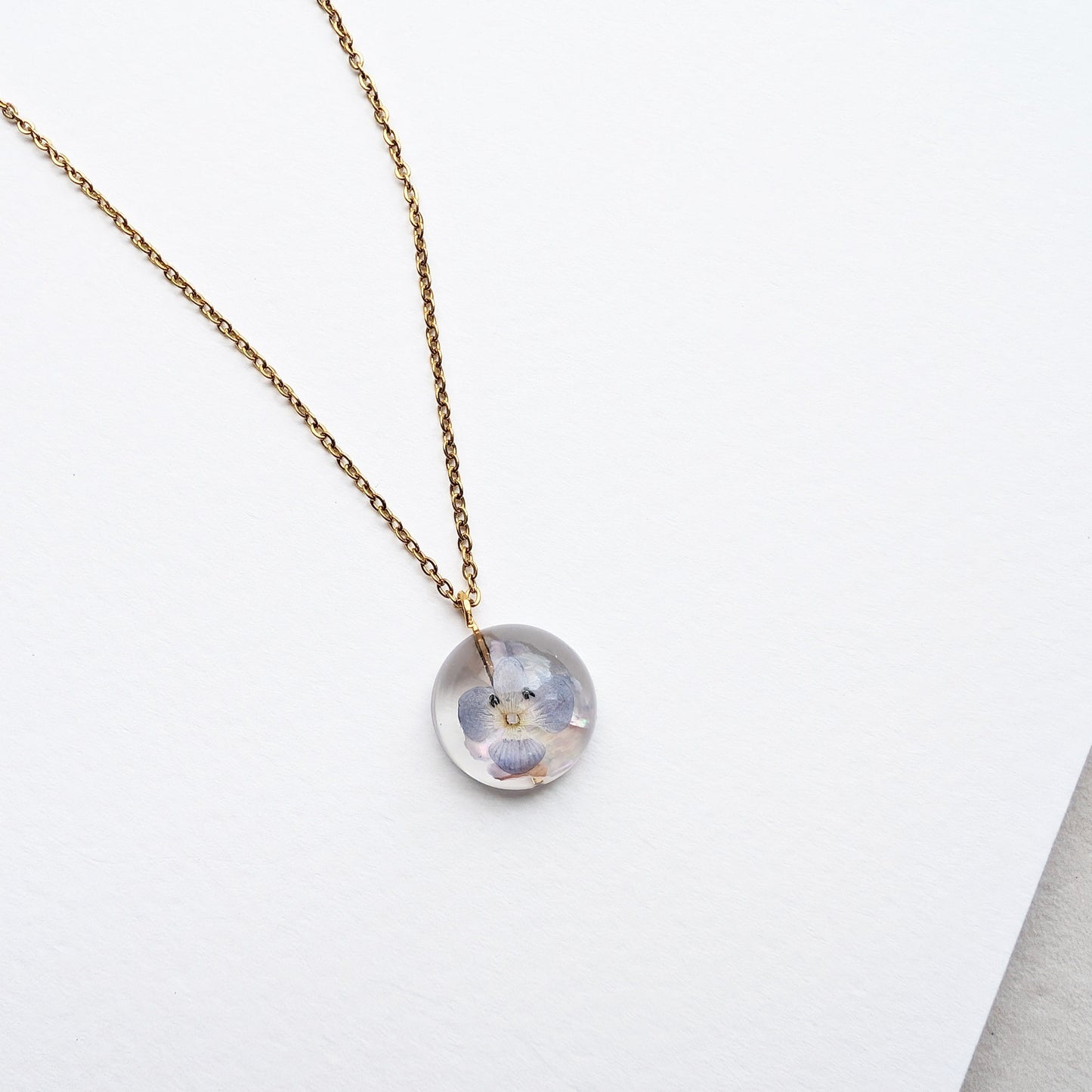 Birdeye Speedwell Real Flower & Seashell Flake Gold Plated Delicate Sphere Charm Necklace - Transparent Background