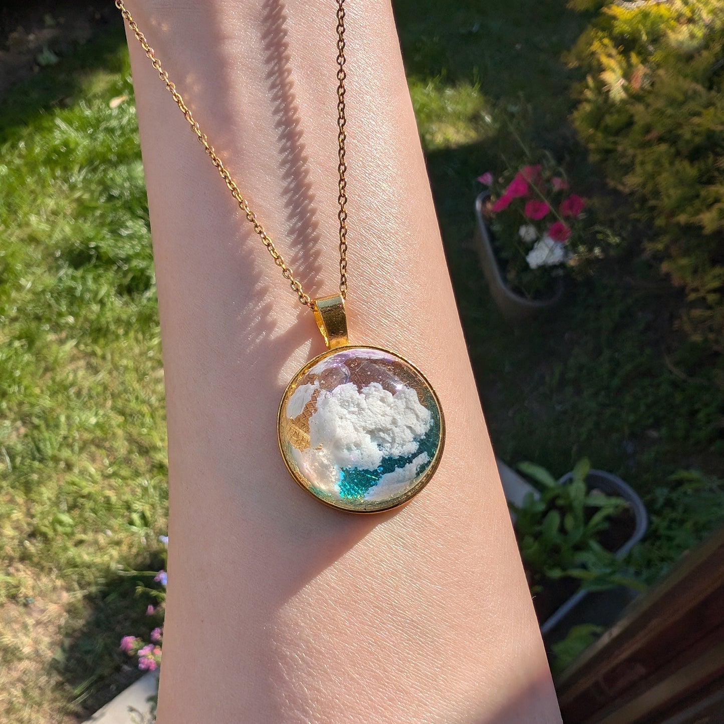 Gold plated Blue Sky Dome Cloud Resin Necklace - Sunset