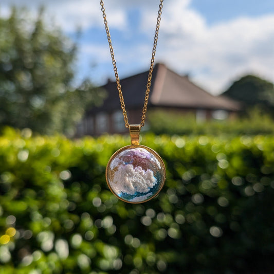 Gold plated Blue Sky Dome Cloud Resin Necklace - Sunset