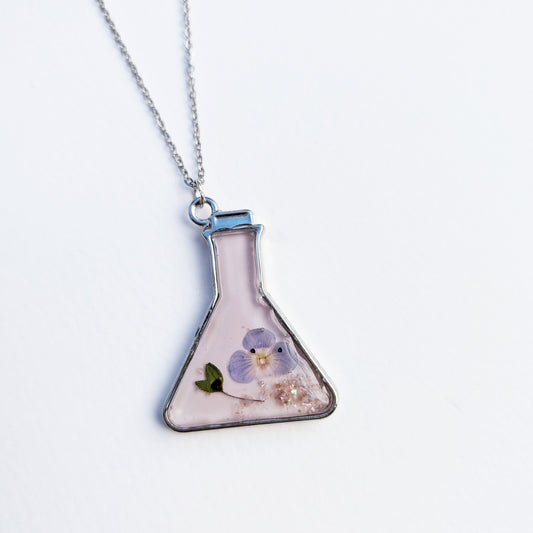 Unique Birdeye Speedwell in a Flask Necklace Platinum Plated Framed Charm Necklace