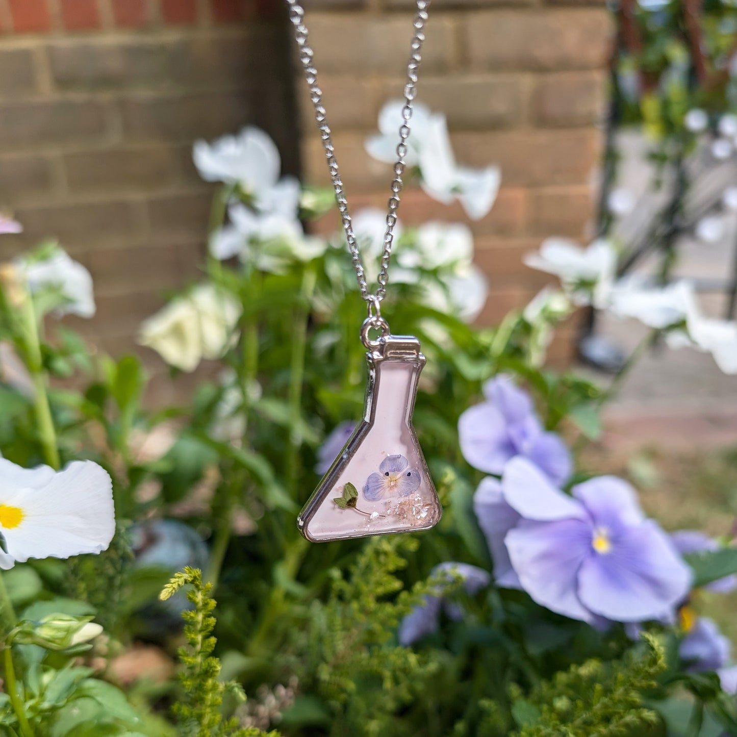 Unique Birdeye Speedwell in a Flask Necklace Platinum Plated Framed Charm Necklace