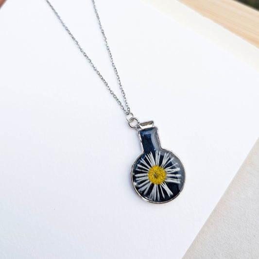 The Magic of Daisy - Real Flower in a Flask Necklace Platinum Plated Framed Charm Necklace