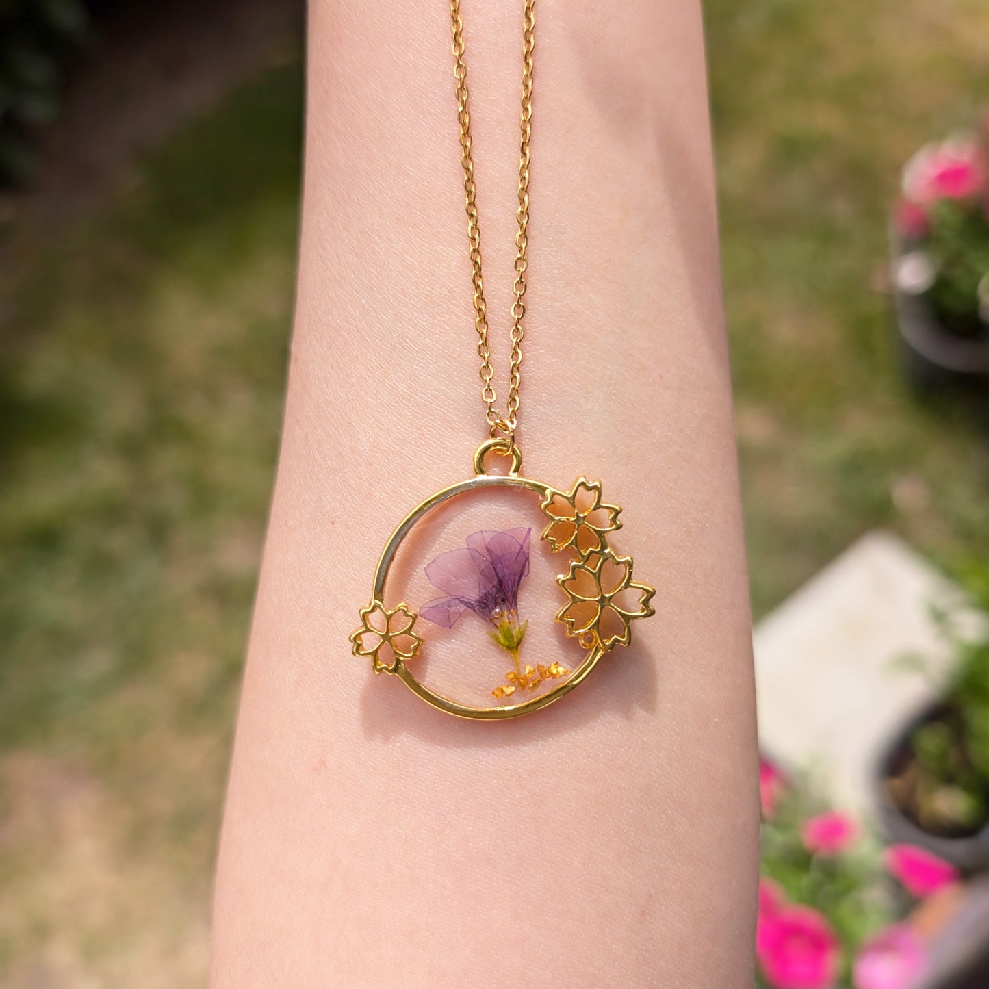 Purple Sorrel in Transparent Background Real Flower Gold Plated Framed Charm Necklace