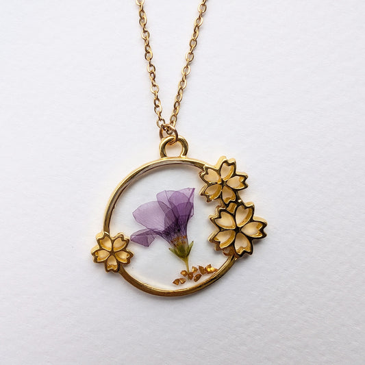 Purple Sorrel in Transparent Background Real Flower Gold Plated Framed Charm Necklace