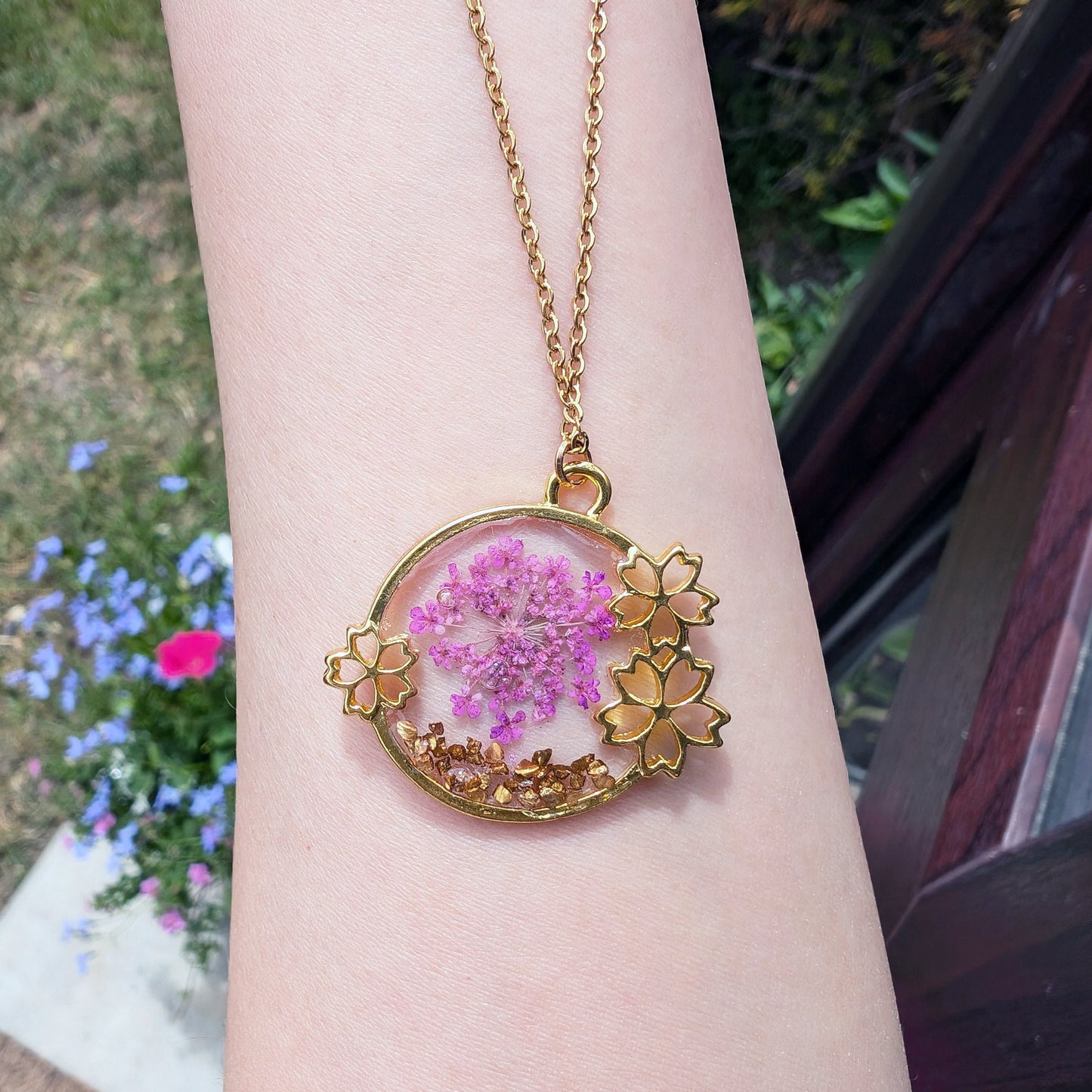 Purple Queen Anne’s Lace in Transparent Background Real Flower Gold Plated Framed Charm Necklace