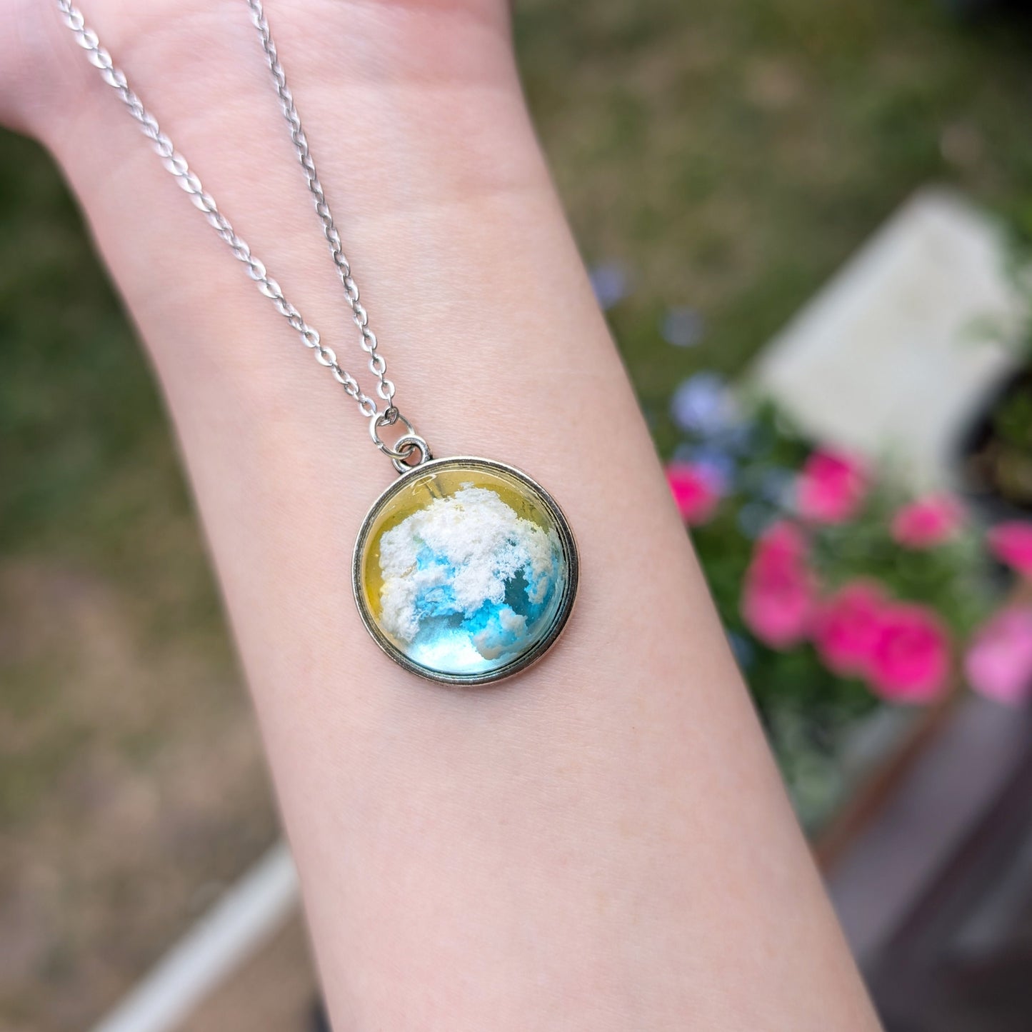 Yellow and Blue Sunrise Cloud Pendant Necklace – 3D Resin Dome with Morning Light