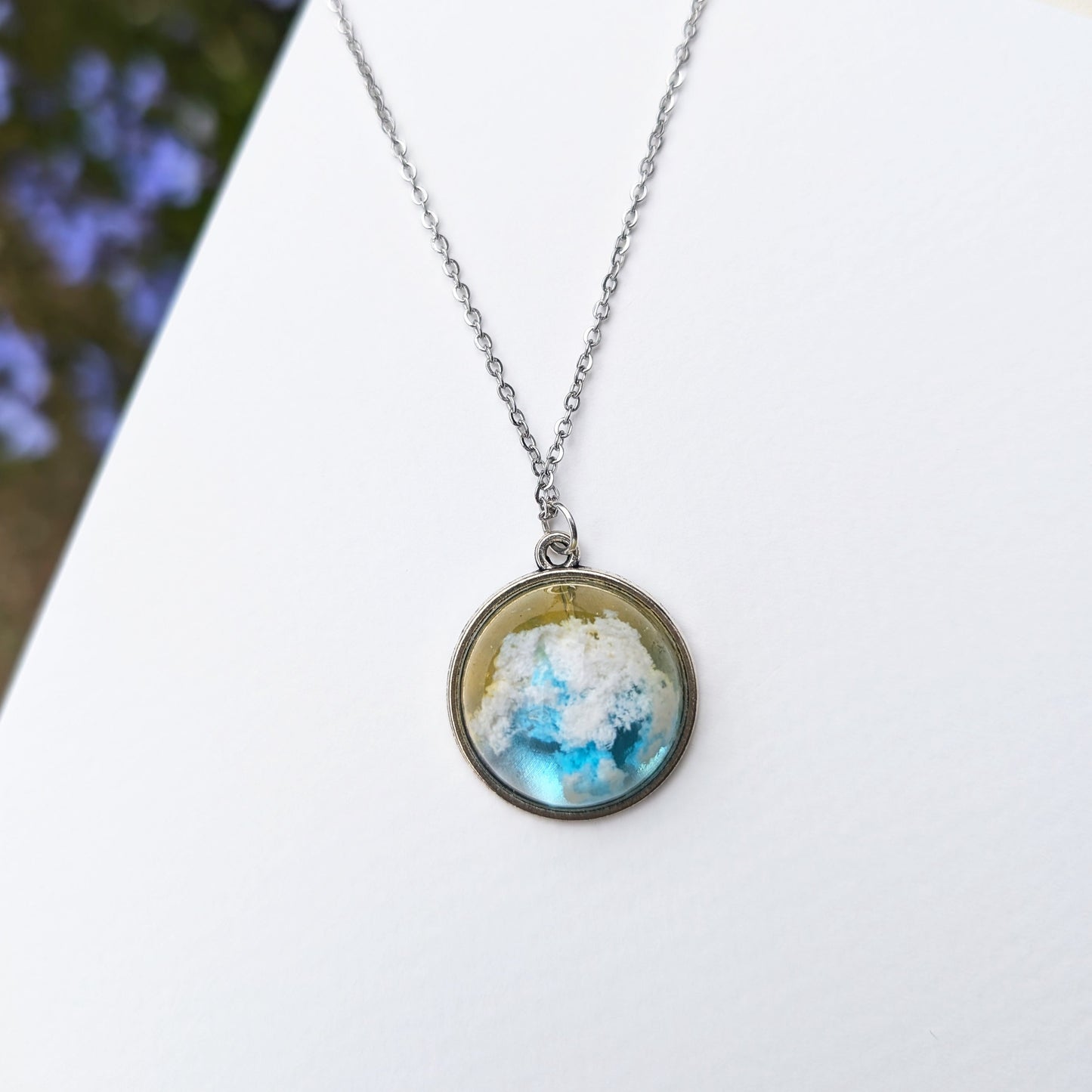 Yellow and Blue Sunrise Cloud Pendant Necklace – 3D Resin Dome with Morning Light