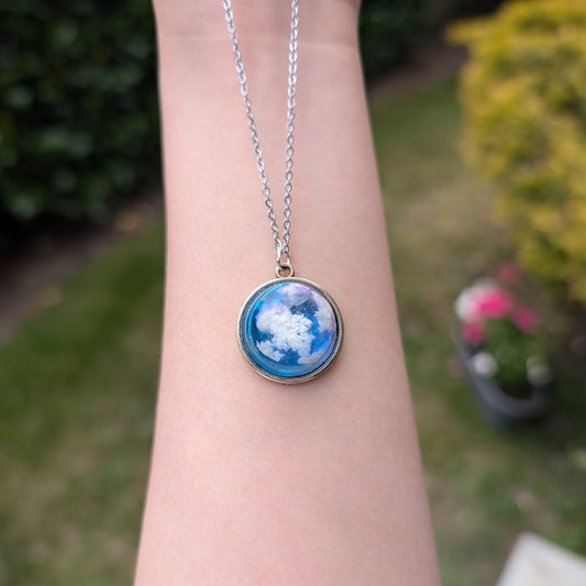 Deep Purple and Blue Cloud Resin Necklace – 3D Crystal Dome Pendant with Twilight Skies