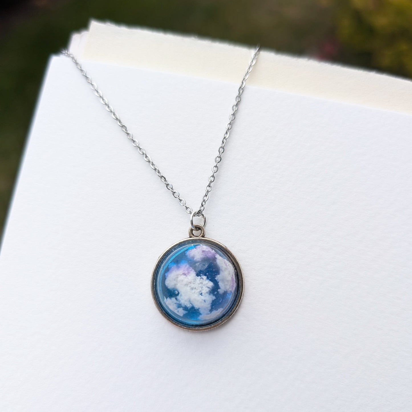 Deep Purple and Blue Cloud Resin Necklace – 3D Crystal Dome Pendant with Twilight Skies