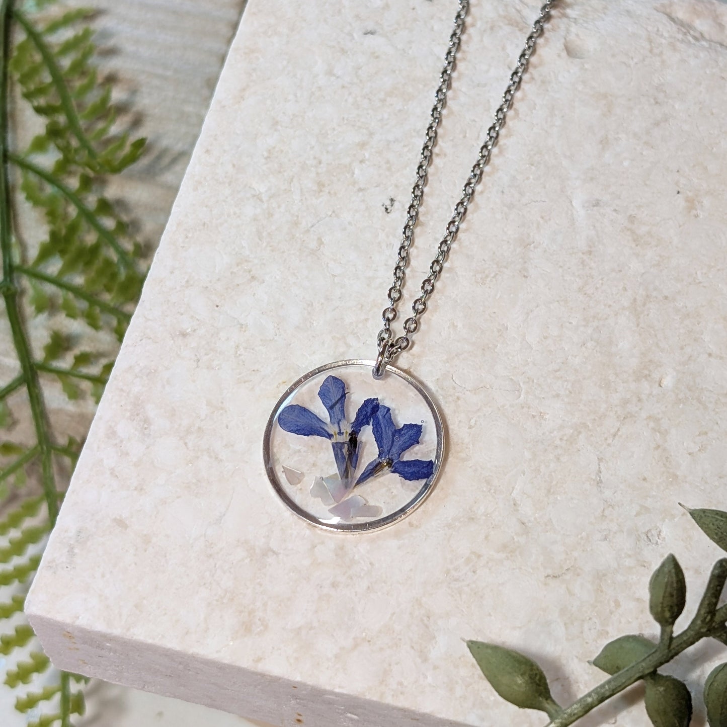 Blue Lobelia & Seashell Flake Necklace – Stainless Steel Real Flower Pendant