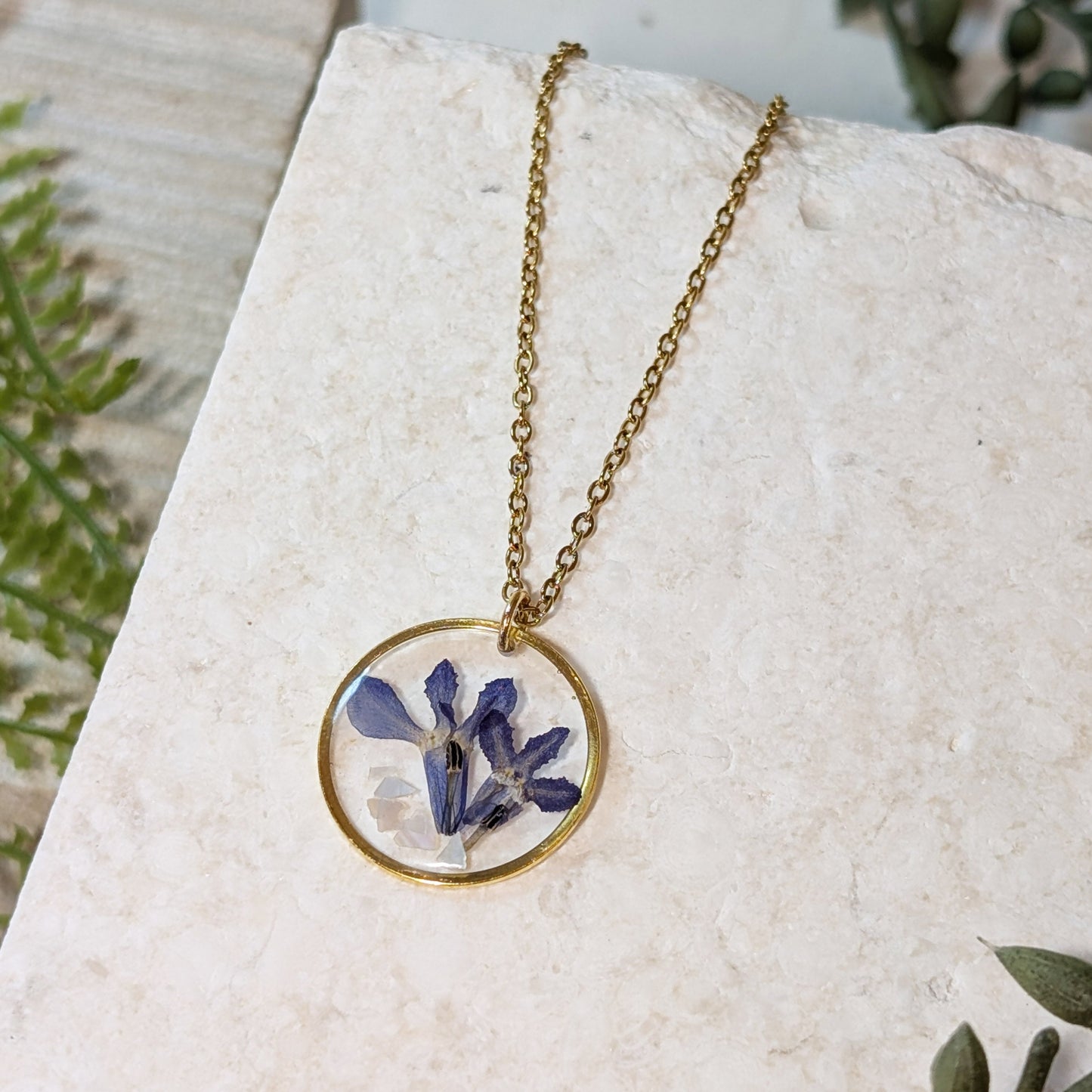 Blue Lobelia & Seashell Flake Necklace – 18K Gold Plated Real Flower Pendant