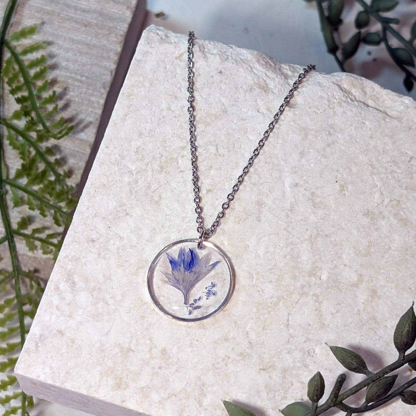 Real Cornflower & Glitter Necklace – Stainless Steel Flower Pendant