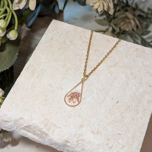 18K Gold Plated Teardrop Pink Queen Anne’s Lace Necklace – A Delicate Symbol of Sanctuary & Grace