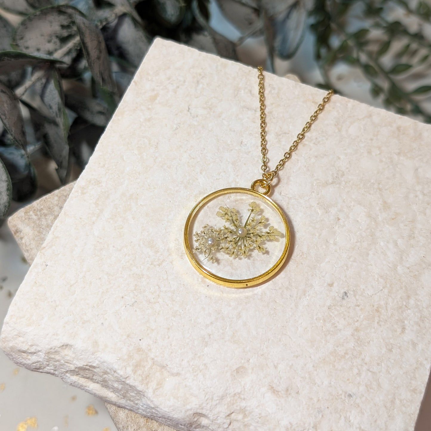 Gold Plated Two Queen Anne's Lace Necklace with Imitation Pearl – Symbol of Sanctuary and Elegance