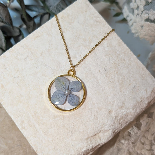 Gold Plated Blue Hydrangea Necklace with Imitation Pearl – Symbol of Gratitude and Heartfelt Emotion