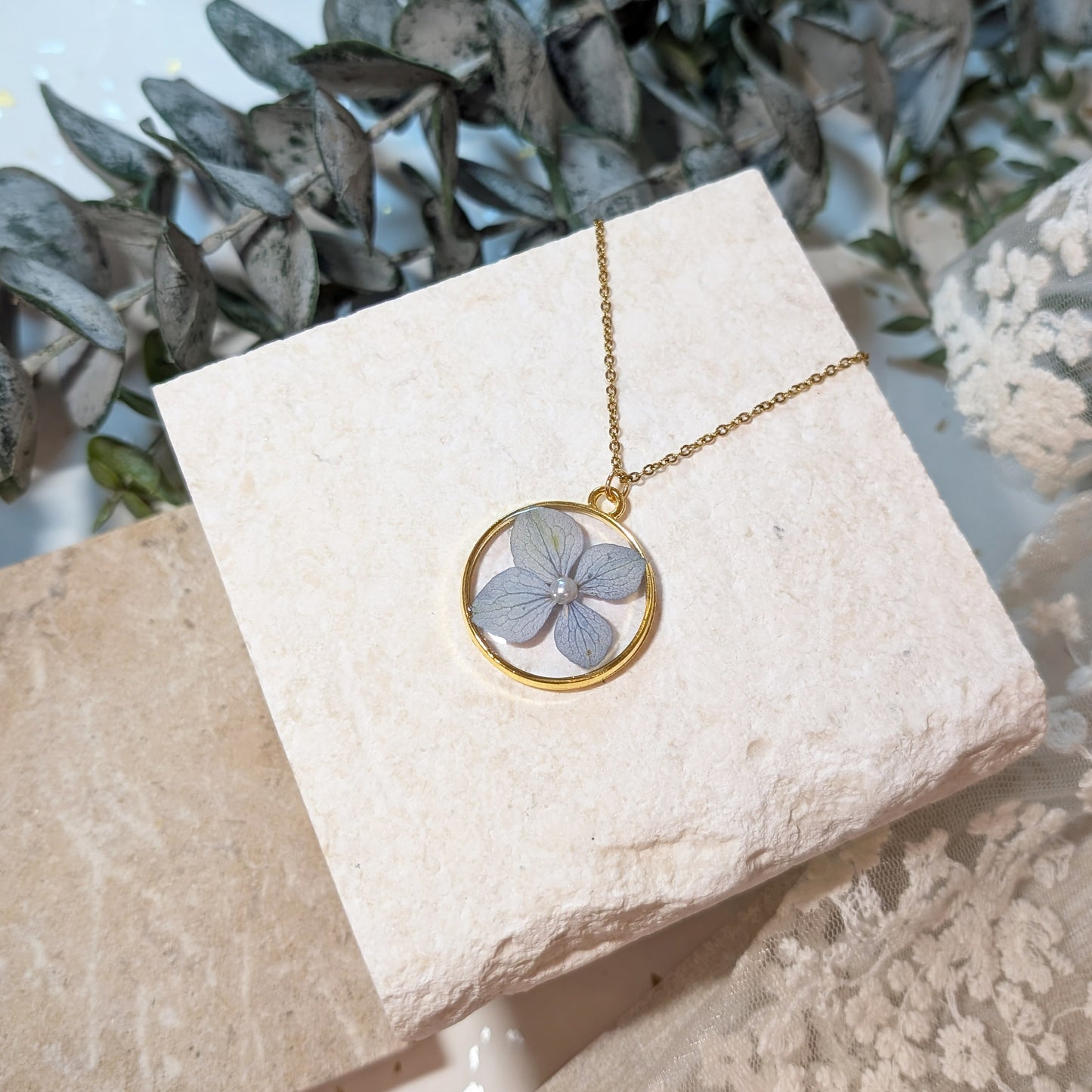 Gold Plated Blue Hydrangea Necklace with Imitation Pearl – Symbol of Gratitude and Heartfelt Emotion