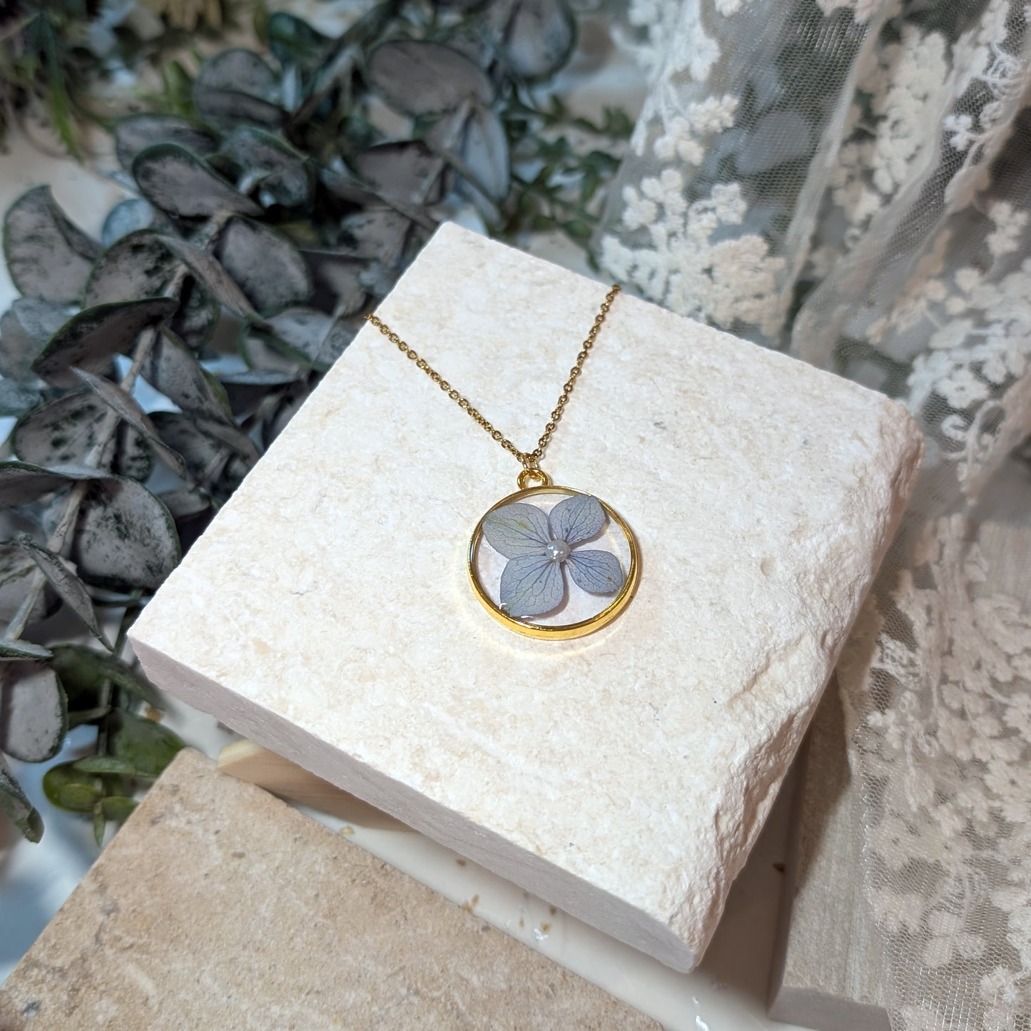 Gold Plated Blue Hydrangea Necklace with Imitation Pearl – Symbol of Gratitude and Heartfelt Emotion