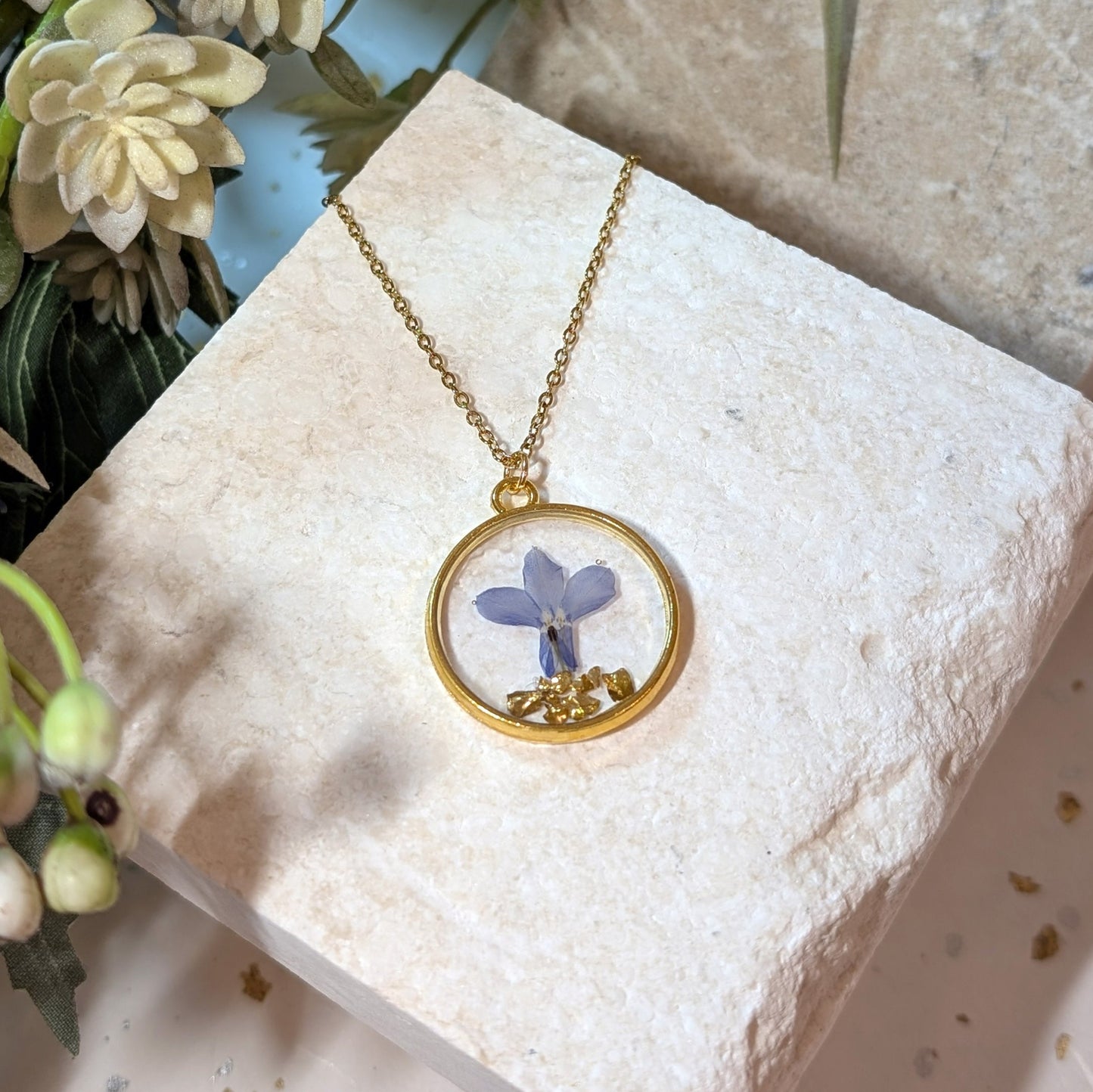 Gold Plated Blue Lobelia Necklace with Gold Soil – Symbol of Tranquility & Harmony