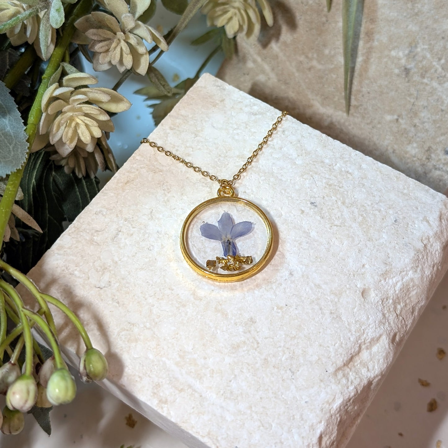 Gold Plated Blue Lobelia Necklace with Gold Soil – Symbol of Tranquility & Harmony