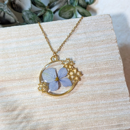 Gold Plated Blue Hydrangea Necklace with Classic Flowered Frame – Bold Beauty & Heartfelt Emotion