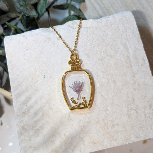 Gold Plated Perfume Bottle-Shaped Purple Cornflower Necklace – A Delicate Symbol of Strength & Devotion