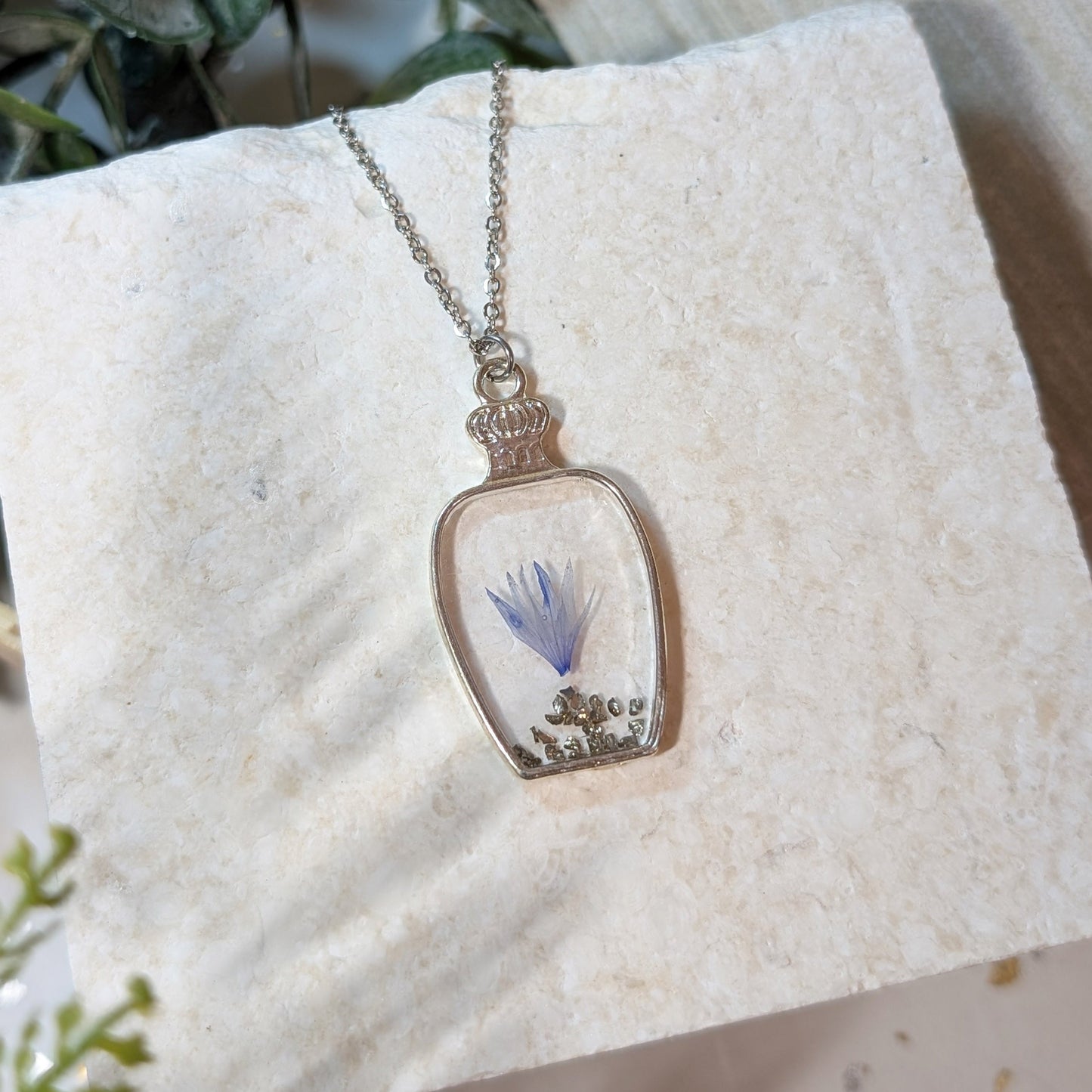 Silver Plated Perfume Bottle-Shaped Blue Cornflower Necklace – A Delicate Symbol of Strength & Devotion