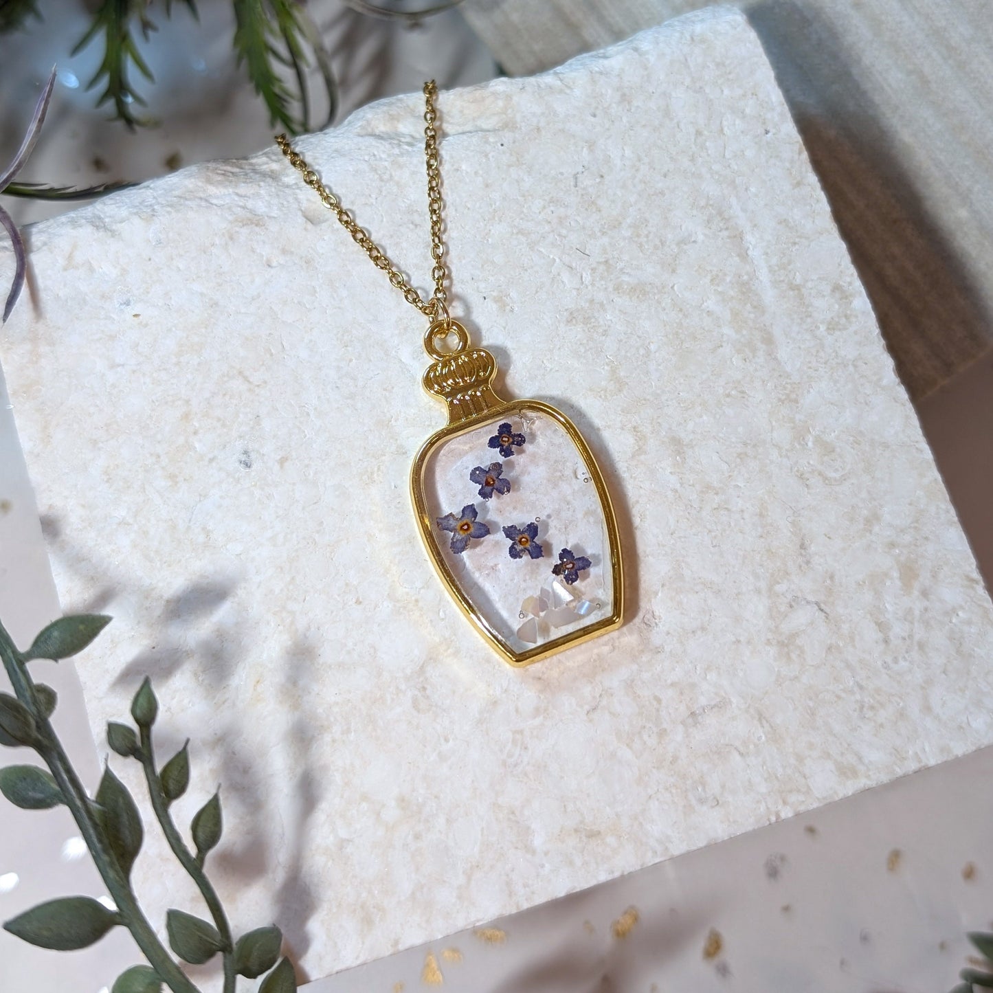 Gold Plated Perfume Bottle-Shaped Butterfly Bush Necklace – A Symbol of Rebirth & New Beginnings