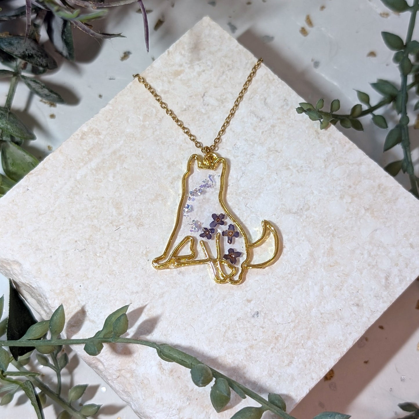 Husky Dog Gold Plated Necklace with Butterfly Bush Flowers – Symbol of Rebirth and New Beginnings