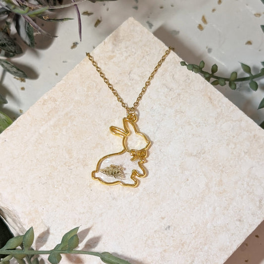 Gold Plated Queen Anne's Lace in Rabbit Frame Necklace – Symbol of Sanctuary and Safety