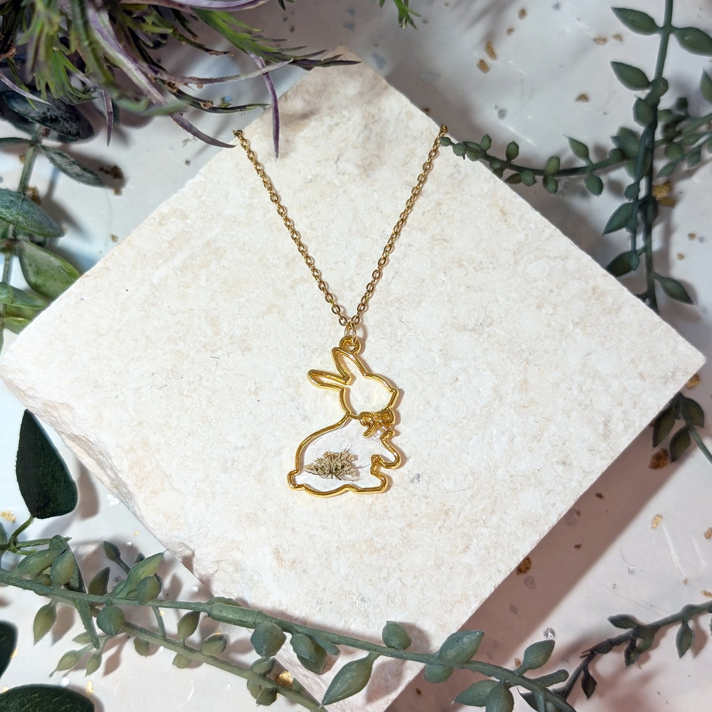 Gold Plated Queen Anne's Lace in Rabbit Frame Necklace – Symbol of Sanctuary and Safety