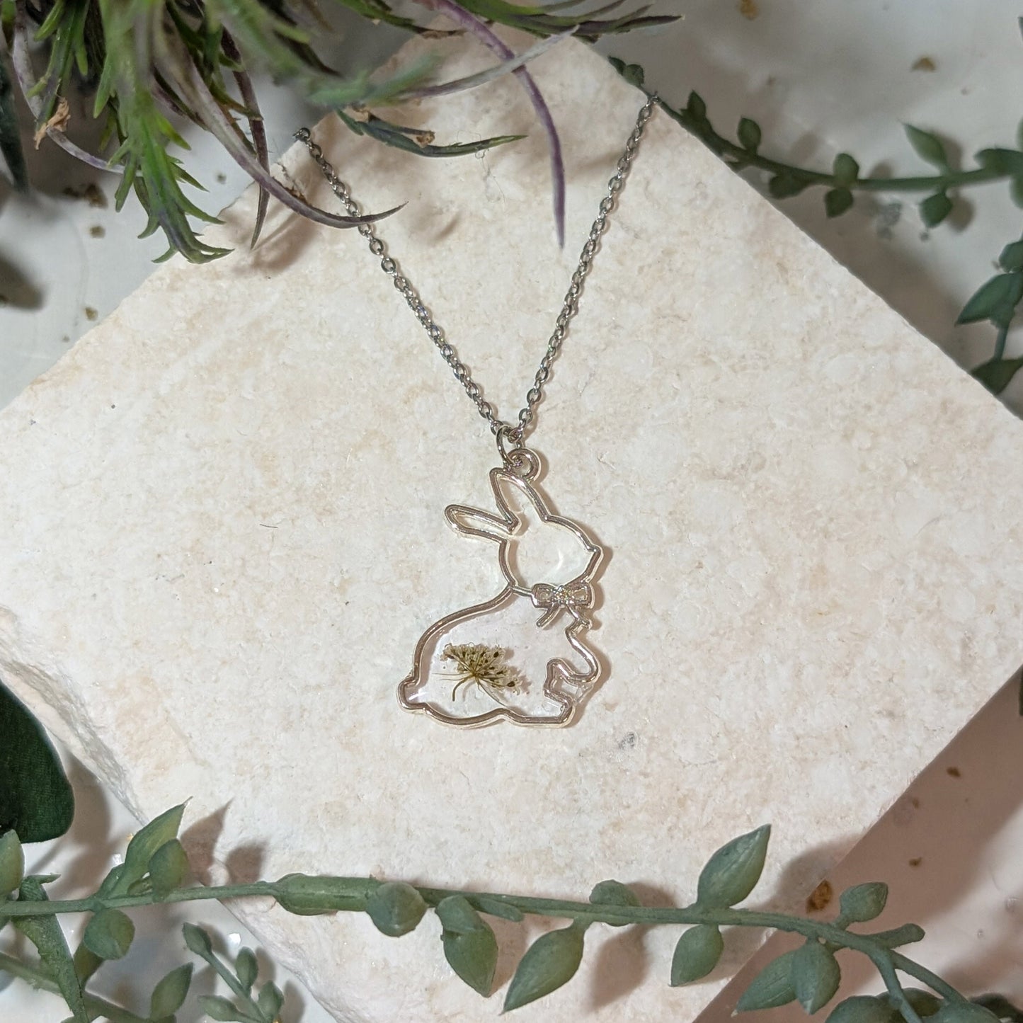 Queen Anne's Lace in Rabbit Frame Stainless Steel Necklace – Symbol of Sanctuary and Safety