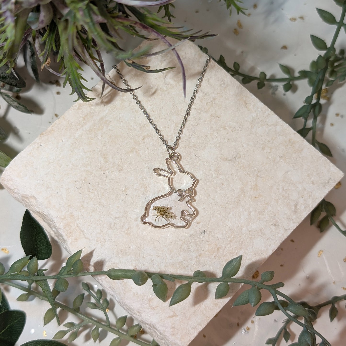 Queen Anne's Lace in Rabbit Frame Stainless Steel Necklace – Symbol of Sanctuary and Safety