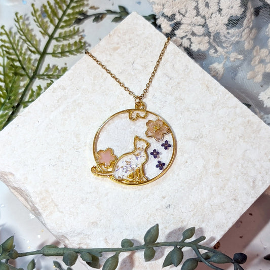 Gold Plated Japan-Inspired Cat Necklace with Butterfly Bush Flowers – Symbol of Rebirth & Cherry Blossom Beauty