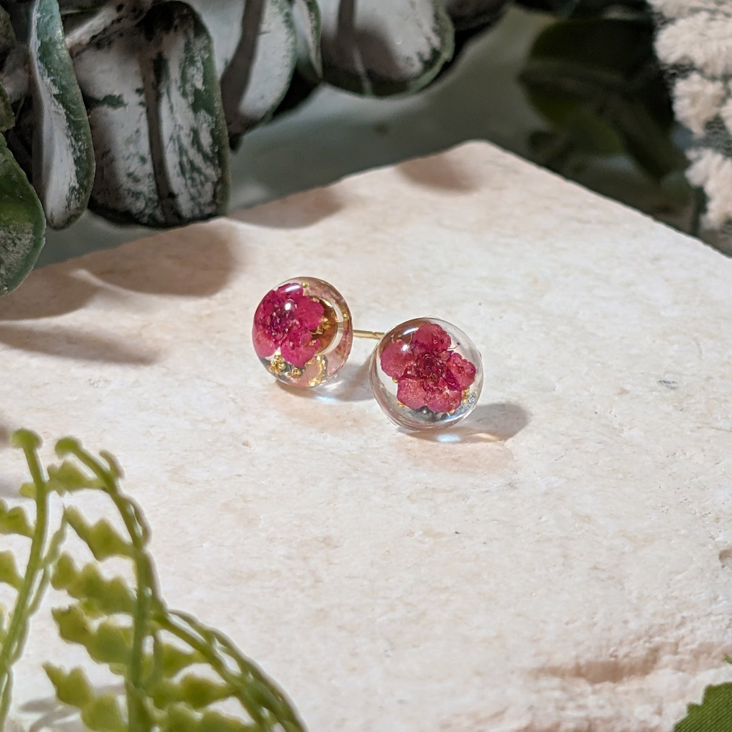 Gold Plated Earrings with Real Cerise Queen Red Flowers | Symbol of Everlasting Love