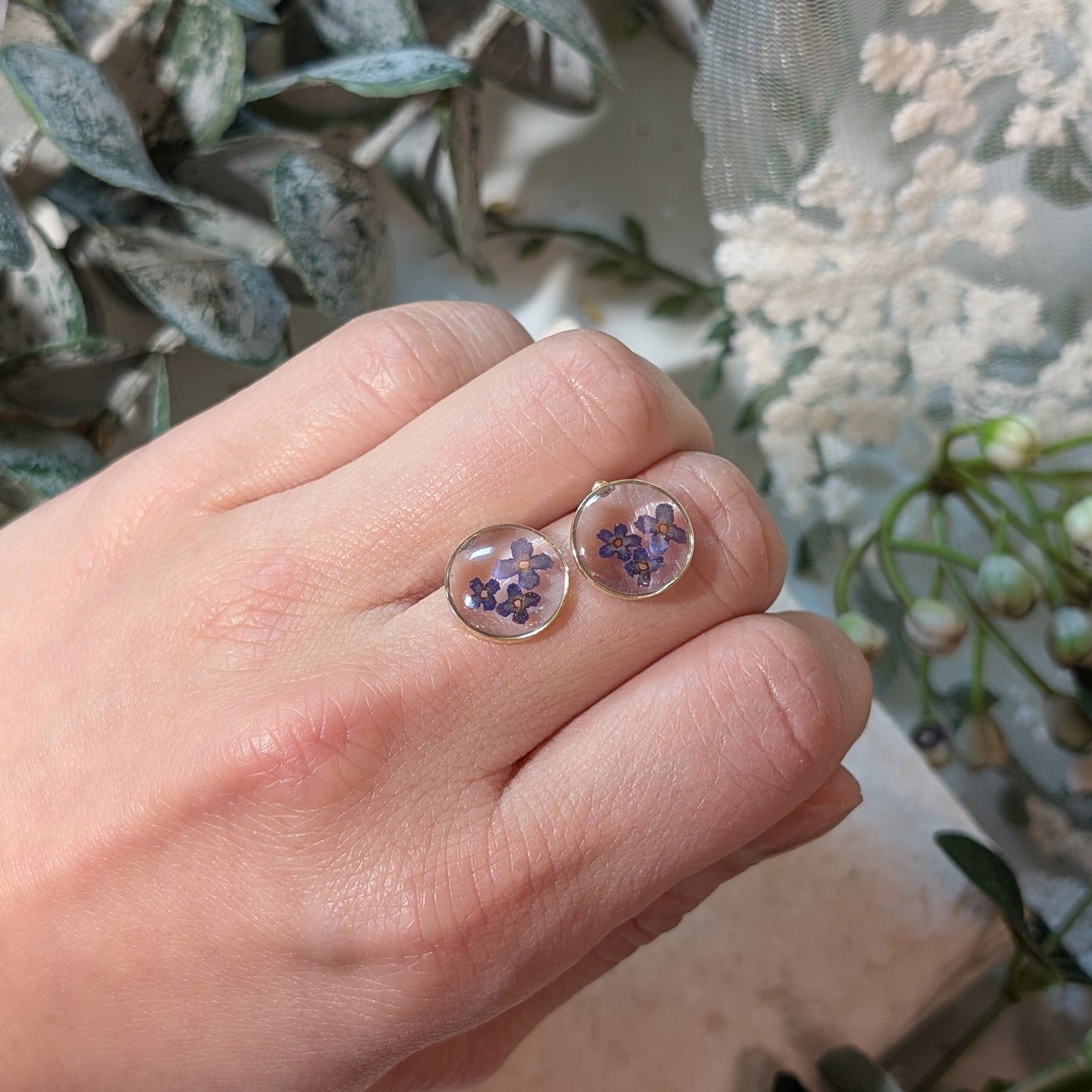 Gold Plated Circle Earrings with Real Butterfly Bush Flowers | Symbol of Rebirth & New Beginnings