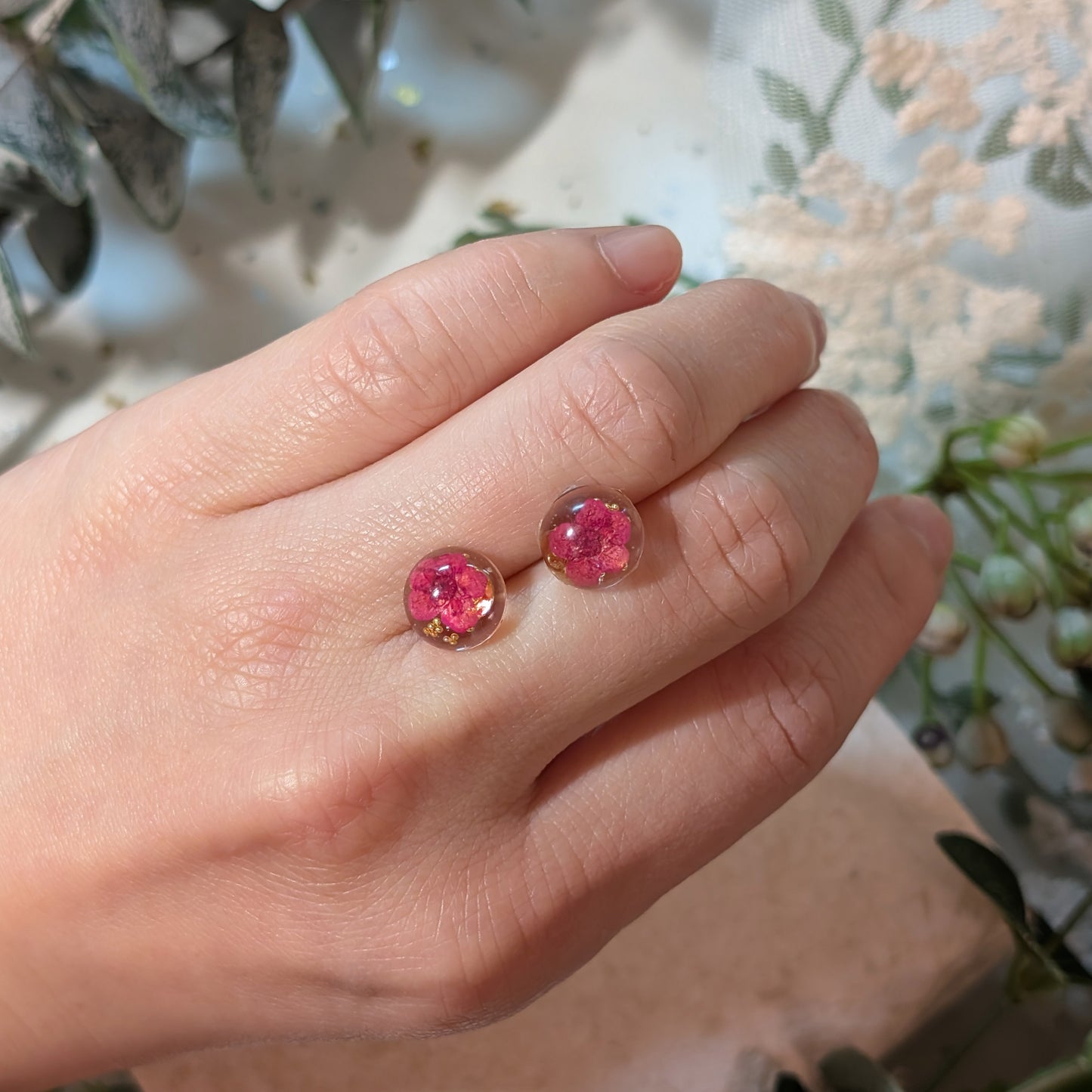 Gold Plated Earrings with Real Cerise Queen Red Flowers | Symbol of Everlasting Love