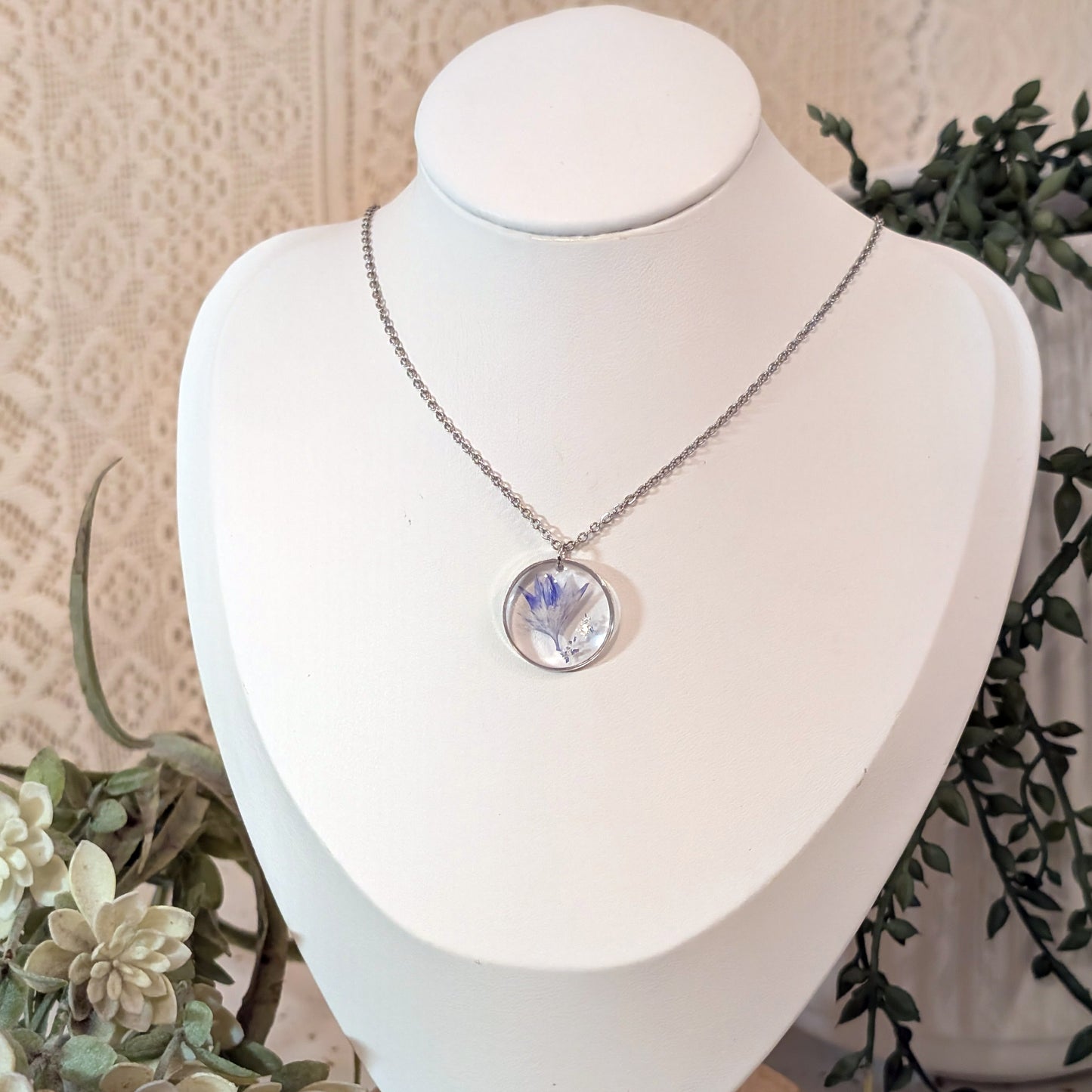 Real Cornflower & Glitter Necklace – Stainless Steel Flower Pendant