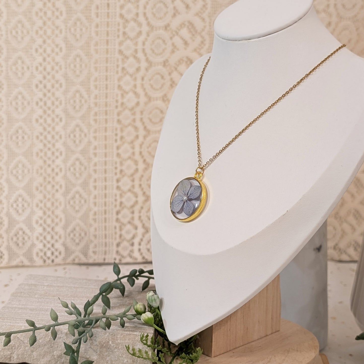 Gold Plated Blue Hydrangea Necklace with Imitation Pearl – Symbol of Gratitude and Heartfelt Emotion