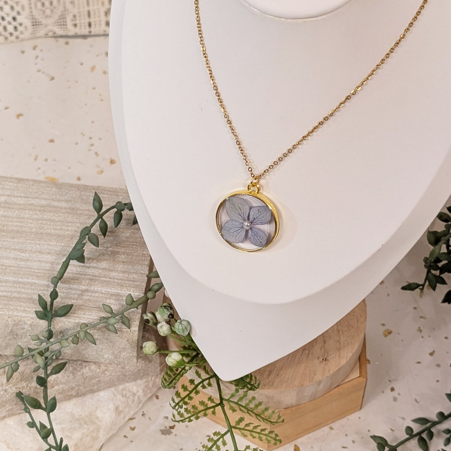 Gold Plated Blue Hydrangea Necklace with Imitation Pearl – Symbol of Gratitude and Heartfelt Emotion