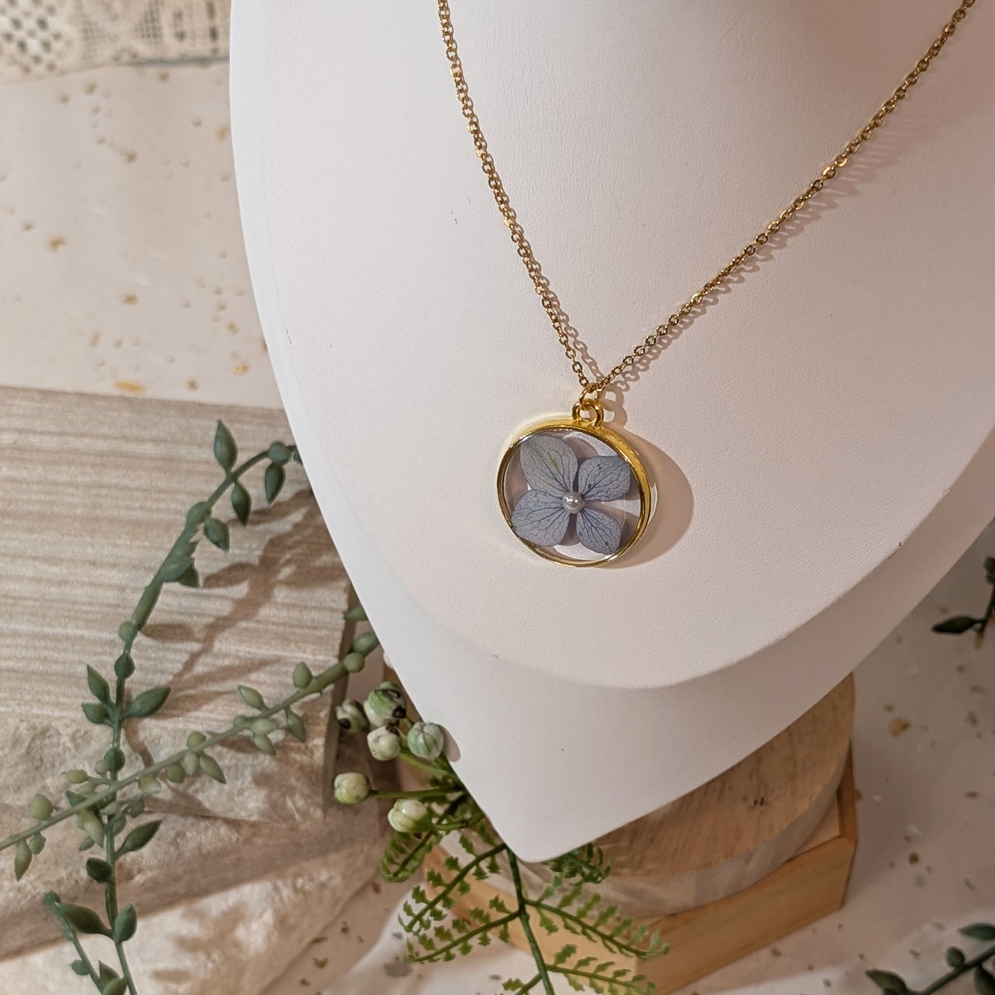 Gold Plated Blue Hydrangea Necklace with Imitation Pearl – Symbol of Gratitude and Heartfelt Emotion