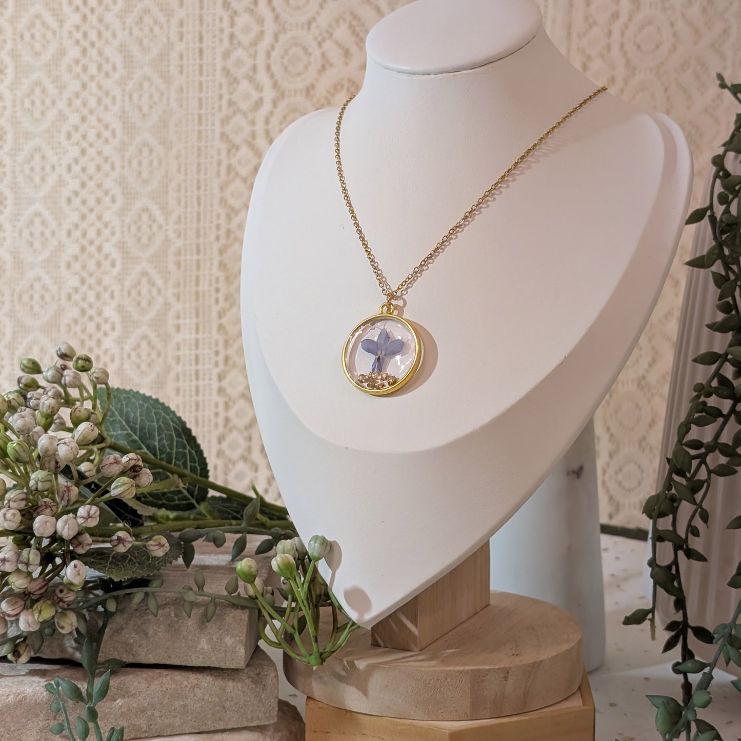 Gold Plated Blue Lobelia Necklace with Gold Soil – Symbol of Tranquility & Harmony