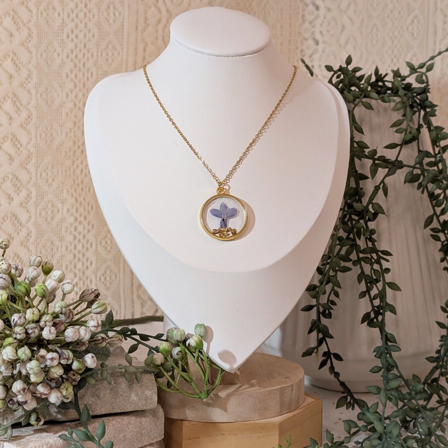 Gold Plated Blue Lobelia Necklace with Gold Soil – Symbol of Tranquility & Harmony