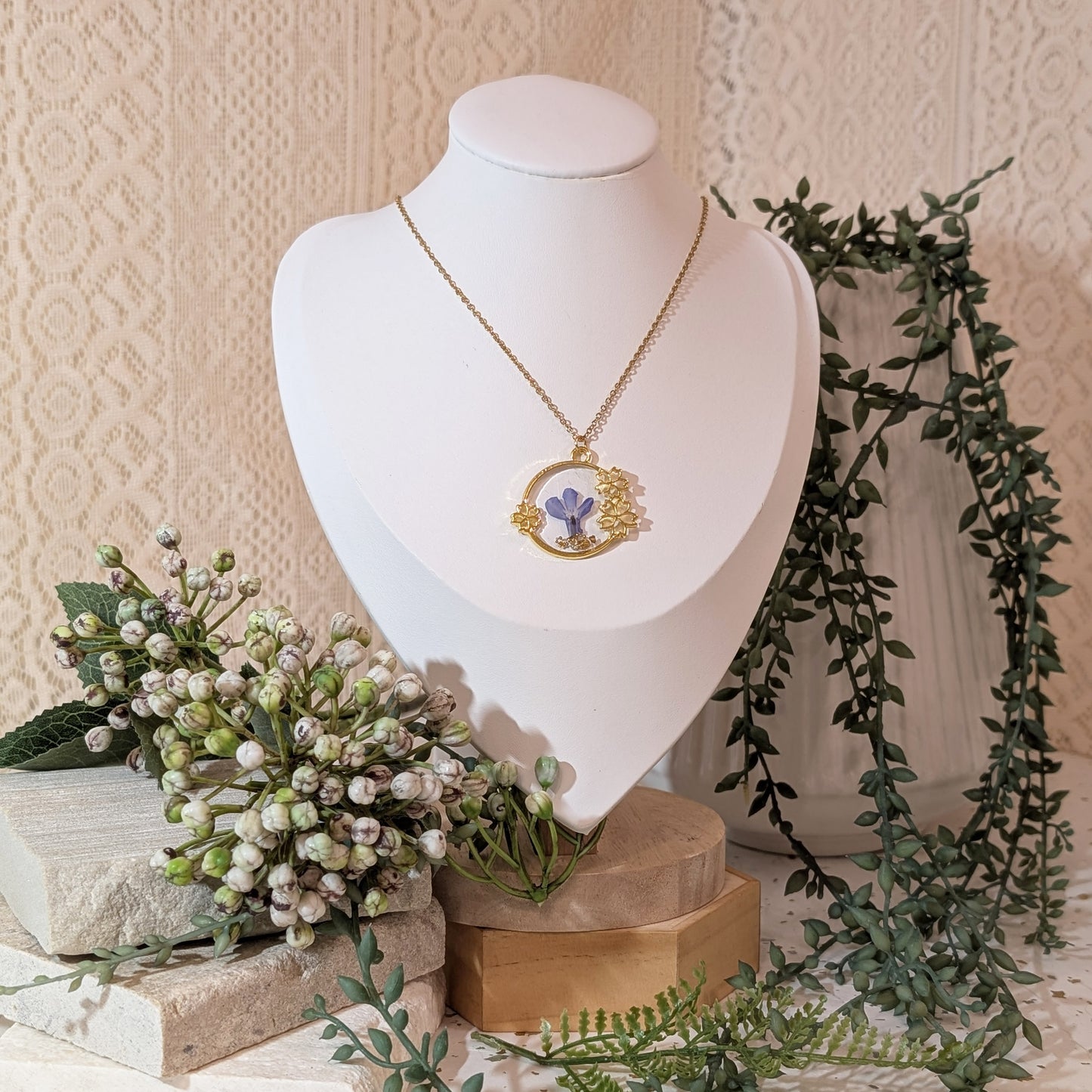 Gold Plated Blue Lobelia Necklace with Classic Flowered Frame – A Timeless Symbol of Tranquility & Harmony