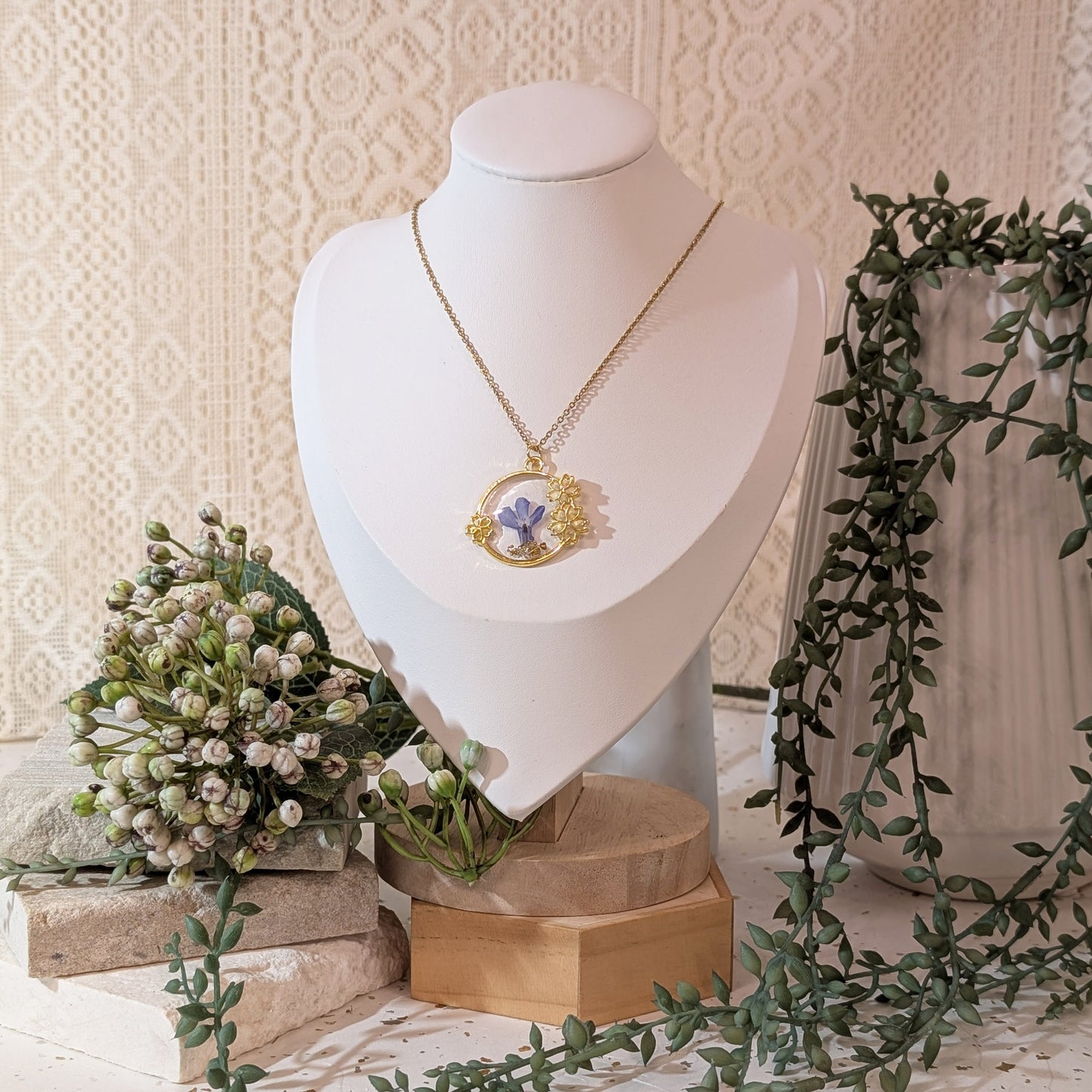 Gold Plated Blue Lobelia Necklace with Classic Flowered Frame – A Timeless Symbol of Tranquility & Harmony