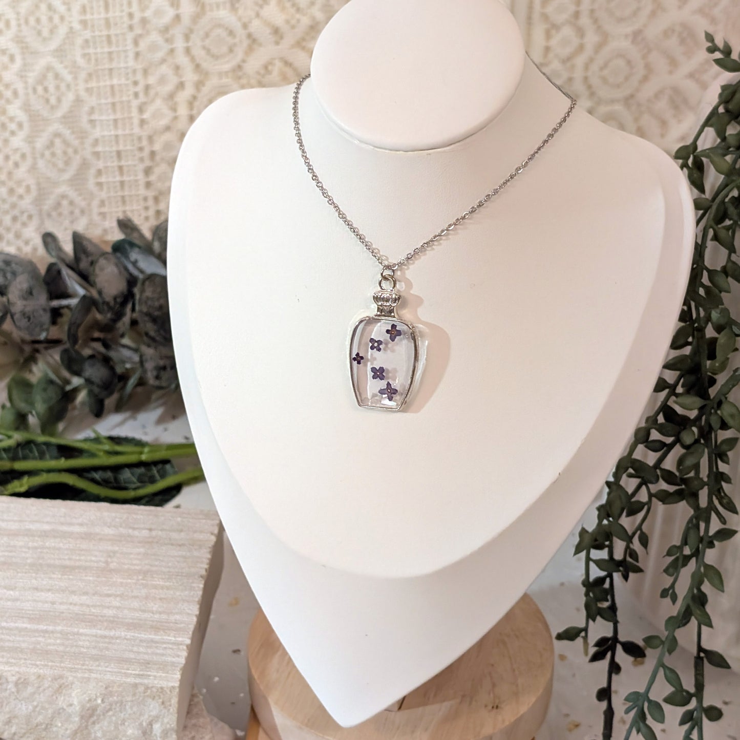 Silver Plated Perfume Bottle-Shaped Butterfly Bush Necklace – A Symbol of Rebirth & New Beginnings