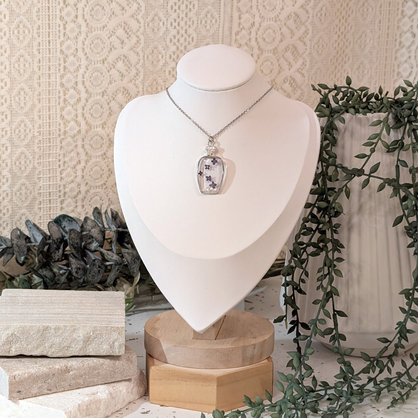 Silver Plated Perfume Bottle-Shaped Butterfly Bush Necklace – A Symbol of Rebirth & New Beginnings